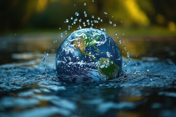 Wall Mural - concept of saving water depicted through the earth, globe, and nature imagery, highlighting the impo