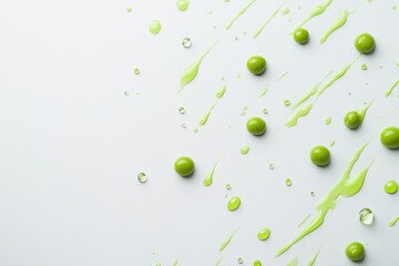 Aufkleber - Green peas and drops of bright juice are artistically arranged on a white surface, creating a fresh and vibrant food composition. Generative AI