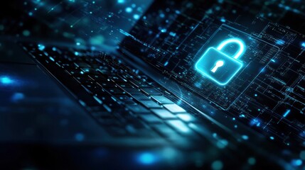 Poster - A digital lock symbol over a laptop, representing cybersecurity and data protection.