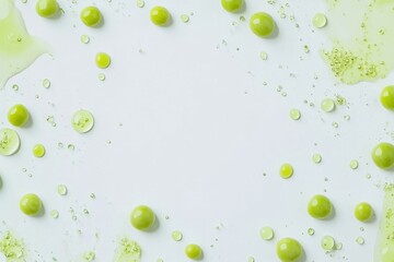 Poster - Fresh green peas and bright juice droplets are scattered against a white backdrop, offering a vibrant and colorful culinary display. Generative AI