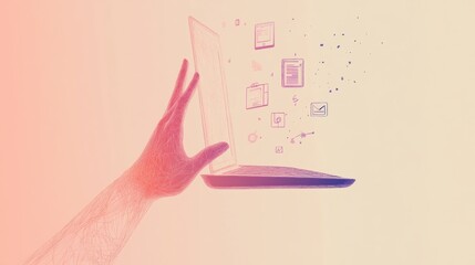Leinwandbilder - A hand is extending towards a laptop screen, which shows multiple settings and security icons, suggesting digital interaction. Generative AI