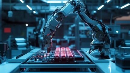 Poster - industrial robot arm assembling electronics manufacturing plant technology high-tech environment clo