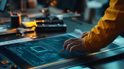 Poster - Innovative design process modern workspace digital blueprint high-tech environment close-up view futuristic concept
