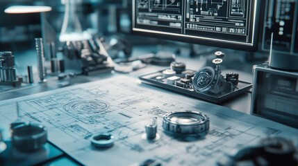 Poster - Engineering innovation showcase laboratory desk technical blueprint high-tech environment close-up view future concepts