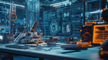 Poster - Innovative technology showcase high-tech lab digital displays industrial environment interior viewpoint futuristic concept