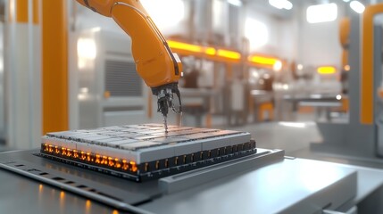 Poster - Robotic arm assembling components modern factory industrial automation high-tech environment close-up view efficiency in manufacturing