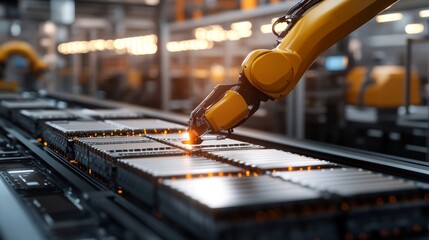 Poster - robotic arm assembling batteries manufacturing plant industrial automation high-tech environment clo