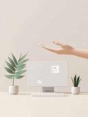 Leinwandbilder - A hand extends towards a computer showing settings and security icons, surrounded by decorative potted plants in a clean workspace. Generative AI