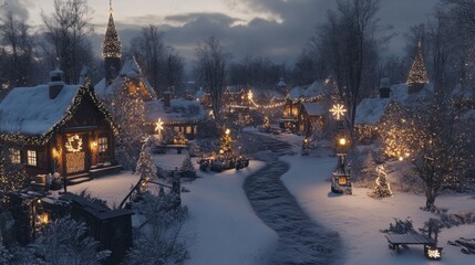 Poster - A small town is lit up with Christmas lights, creating a warm