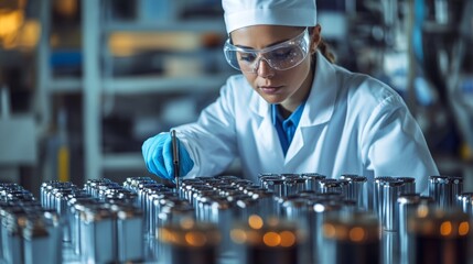 Poster - employee assembling batteries manufacturing facility industrial process high-tech environment close-