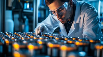 Poster - Scientist analyzing battery cells in laboratory industrial research environment detailed inspection scientific innovation