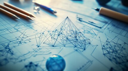 Poster - Sketching innovation workspace design blueprint creative environment close-up view engineering concept