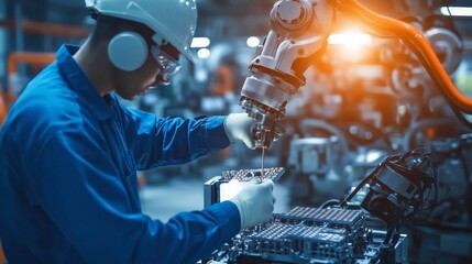 Poster - robotic arm assisting worker manufacturing plant industrial process high-tech environment close-up v