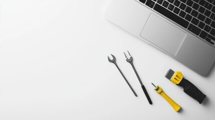Poster - A laptop is placed on a clean workspace alongside various tools ready for computer repair and maintenance tasks, highlighting organization. Generative AI