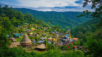 hornbill festival, nagaland. A picturesque village nestled in lush hills, showcasing traditional architecture and vibrant greenery under a cloudy sky.