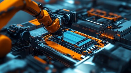 Poster - Robotic arm assembling electronic components manufacturing facility industrial process high-tech environment close-up view automation innovation