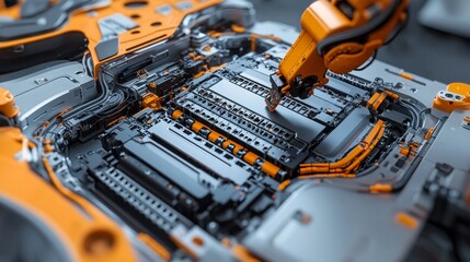 Poster - Robotic arm assembling components manufacturing facility industrial process high-tech environment close-up view automation innovation