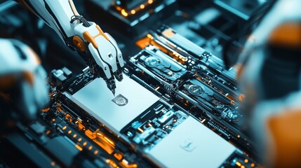 Poster - Robot arm assembling circuit boards high-tech workshop digital art futuristic environment close-up view innovation