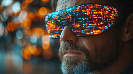 Poster - Close-up of a man wearing a VR headset with illuminated data graphics reflecting on the screen in a futuristic city setting