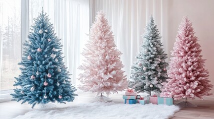 Poster - A row of four Christmas trees, two of which are pink and two of which are blue