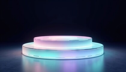 Poster - Illuminated glass neon pedestal with vibrant pastel colors on dark background