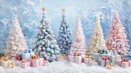Poster - A row of Christmas trees with colorful ornaments and gifts underneath them