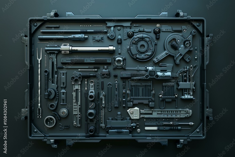 Collection of futuristic looking mechanical components are displayed in ...