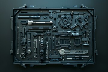 Poster - Collection of futuristic looking mechanical components are displayed in an organised way inside a case on a dark background