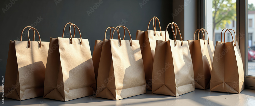 A row of brown paper bags are lined up on a table. The bags are all ...