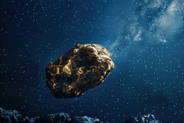 Wall Mural - large asteroid is passing through space with a blue nebula in the background