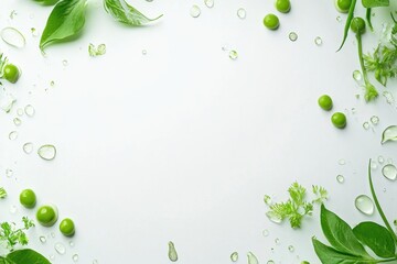 Aufkleber - Scattered green peas and droplets of juice create a fresh and vibrant arrangement against a white background, suggesting health and vitality. Generative AI