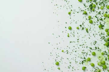 Aufkleber - A collection of vibrant green peas and droplets of juice arranged on a stark white background creates a visually appealing display. Generative AI