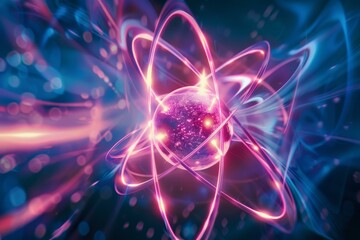 Poster - Glowing atom model is showing its nucleus with particles and orbiting electrons