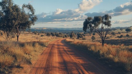 Poster - A dirt road in the middle of a field with trees in the background