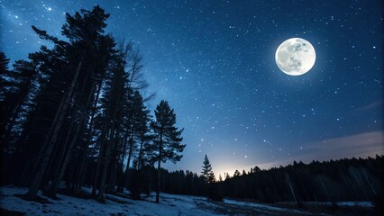 Wall Mural - dark blue night sky with a full moon shining bright against the stars, astronomy, night time, space