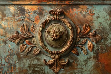 Wall Mural - Close up image of an antique copper wall ornament with intricate details, showing the beautiful patina and wear of time