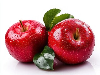 Wall Mural - Fresh, shiny red apples with droplets of water and green leaves, symbolizing health and vitality.