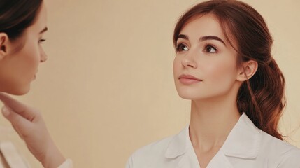 Aufkleber - A young woman discusses cosmetic surgery options with a specialist in a modern clinic, focused on facial enhancements and treatments. Generative AI