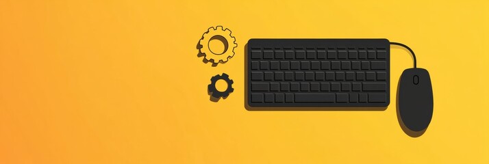 Leinwandbilder - A black keyboard with a mouse and gear icons arranged on a vivid yellow backdrop highlighting themes of technology and innovation. Generative AI