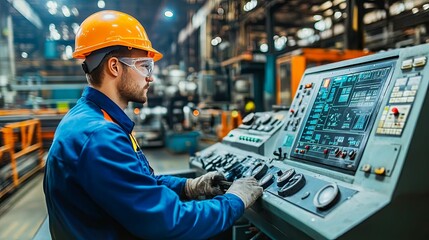 Industrial Worker Operating a Control Panel in a Factory