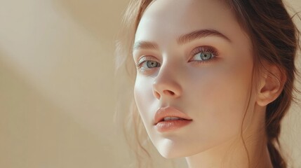 Aufkleber - A woman with striking features and clear skin displays confidence and tranquility after undergoing cosmetic enhancements. Generative AI