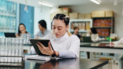 Poster - science, reading and woman with tablet, thinking and studying for test at japanese medical college. 