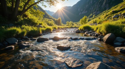 Poster - Sunrise over tranquil mountain stream