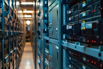 Poster - Server racks aligned in perspective are glowing with red led lights in a data center