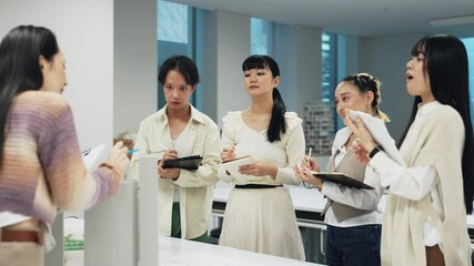 Aufkleber - Lab, education and students learning with notes, medical and mentor with science research process. Class, presentation and Japanese people with scientist training with professor and college study