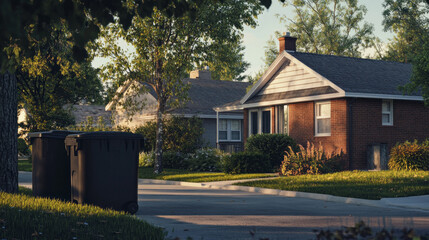 Poster - A house with two black trash cans in front of it