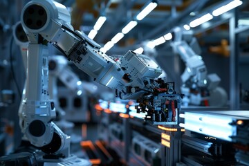 Poster - Modern industrial robot arm assembling a car battery in a factory, concept of automation in the automotive industry