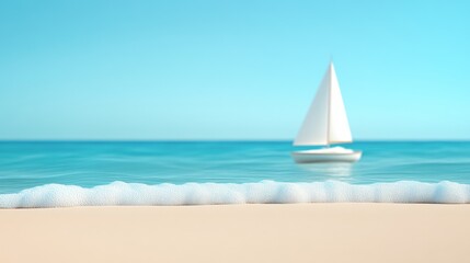  A serene beach scene featuring gentle waves washing onto the shore with a distant sailboat gliding across the turquoise water, perfect for travel articles, relaxation themes, or vacation promotions,