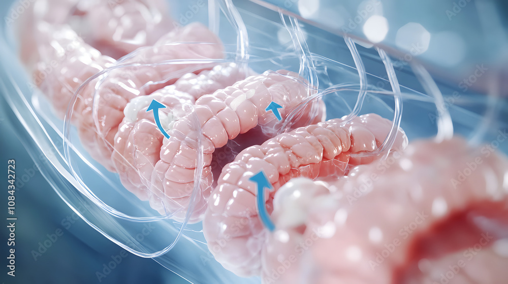 A digital graphic showing stages of colon resection with arrows ...