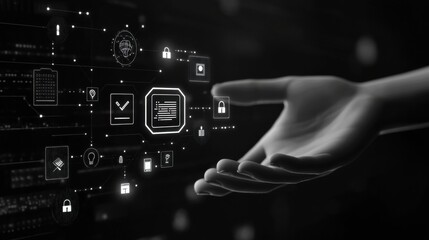 Leinwandbilder - A hand is extending towards a computer screen filled with various security icons and settings, illustrating digital interaction in technology. Generative AI